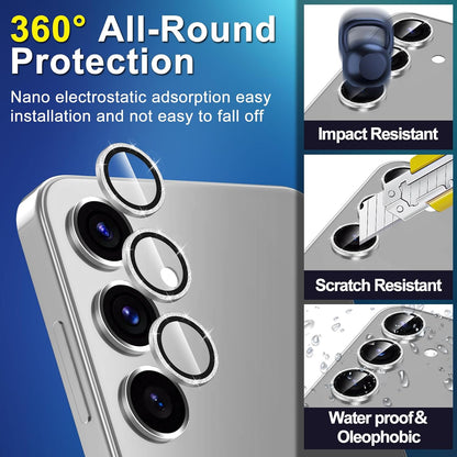for Samsung Galaxy S24 FE Camera Lens Protector, Individual Metal Ring Tempered Glass Lens Cover, [Strong Adsorption] Scratch Resistant Ultra-Thin HD Clear Lens Cover, 1 Set-Silvery Sparkly