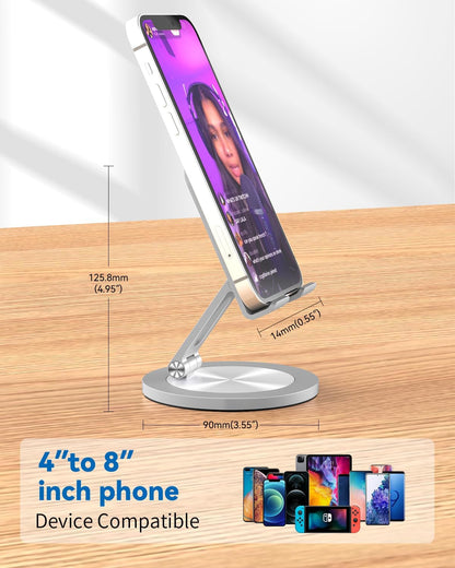 360 Rotating Phone Stand for Desk, Dual-Adjustable Foldable Aluminum Desktop Phone Holder Compatible with iPhone 16 15 14 13 12 11 Series, iPad-Mini, 4-8" All Phones (Silver)
