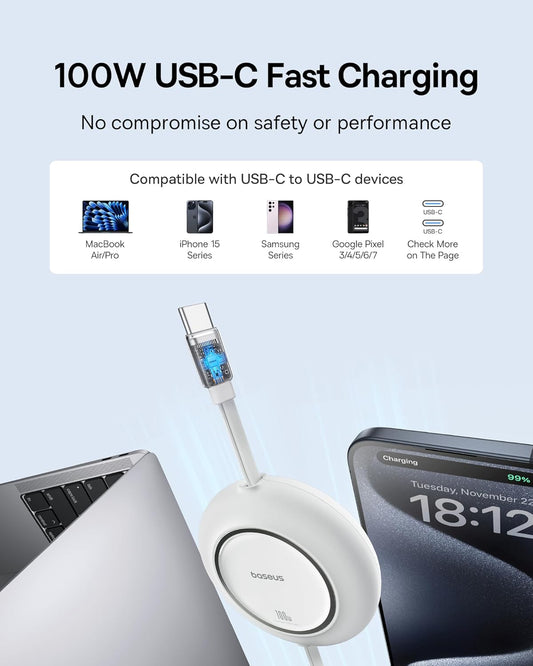 Baseus USB C to USB C Cable, 100W 6.6ft Retractable USB C Fast Charging Cable, 7-Stage Length Preset Retractable Charger Cord for iPhone 16 15 Pro Plus Pro Max, MacBook, iPad Pro, Samsung S24/S23+
