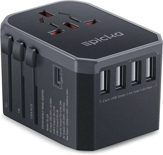 EPICKA Universal Travel Adapter, European Travel Plug Adapter (Not a Voltage Converter) - International Power Adapter Worldwide Charger with USB-C & 4 USB-A Ports, Travel Essentials (TA-105, Grey)