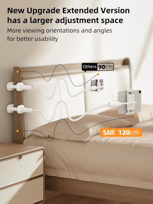 SAIJI Gooseneck Tablet Holder for Bed, One-Hand Adjustable, 47" Length, Upgraded Base, iPad Holder Stand Flexible Lazy Arm, Compatible with iPad/iPhone/Kindle/Switch or Other 4.7-13" Device (White)