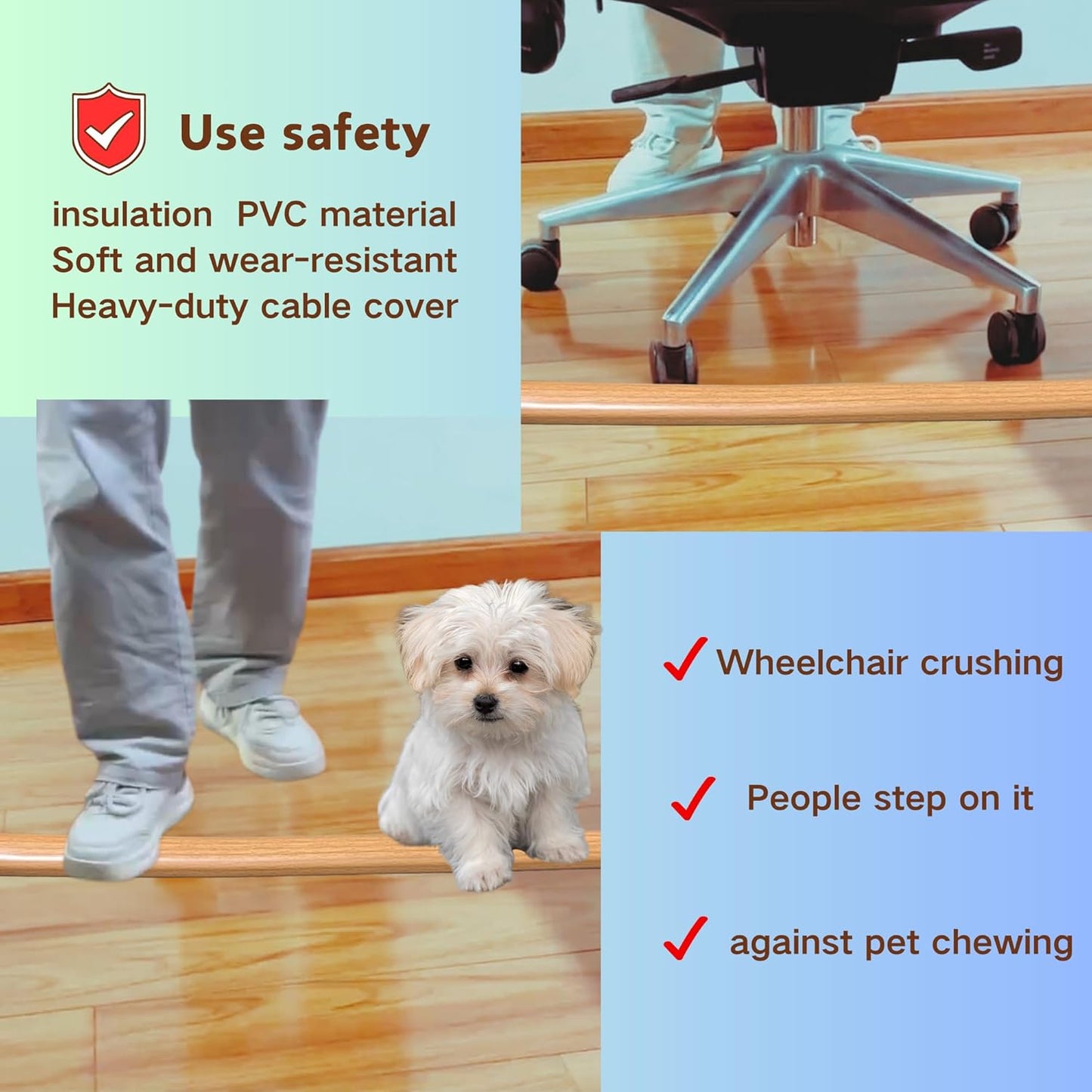 3.3ft Self Adhesive Floor Cord Cover,Heavy Duty Soft PVC Cable Protector and Extension Cord Hider,Cord Management System to Hide Wires on Floor,Cable Cavity:0.61"(W) x 0.32"(H) Yellow Wood