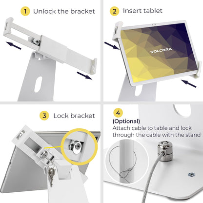 Volcora Anti-Theft Tablet Stand iPad Security Holder with Lock, White 10-13 Inch Kiosk Stand Mount, Swivel, Adjustable, for iPad Pro, Air, POS Register, Retail Business, Checkout, Cashier