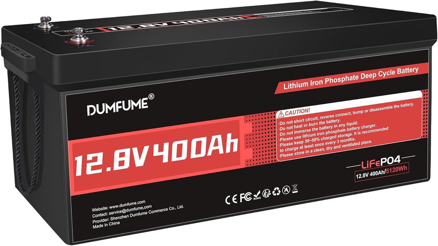 12V 400Ah LiFePO4 Battery 5120Wh Rechargeable Lithium Iron Phosphate Battery Built-in 200A BMS 15000+ Cycles for RV Marine Solar Golf Cart Off-Grid Applications