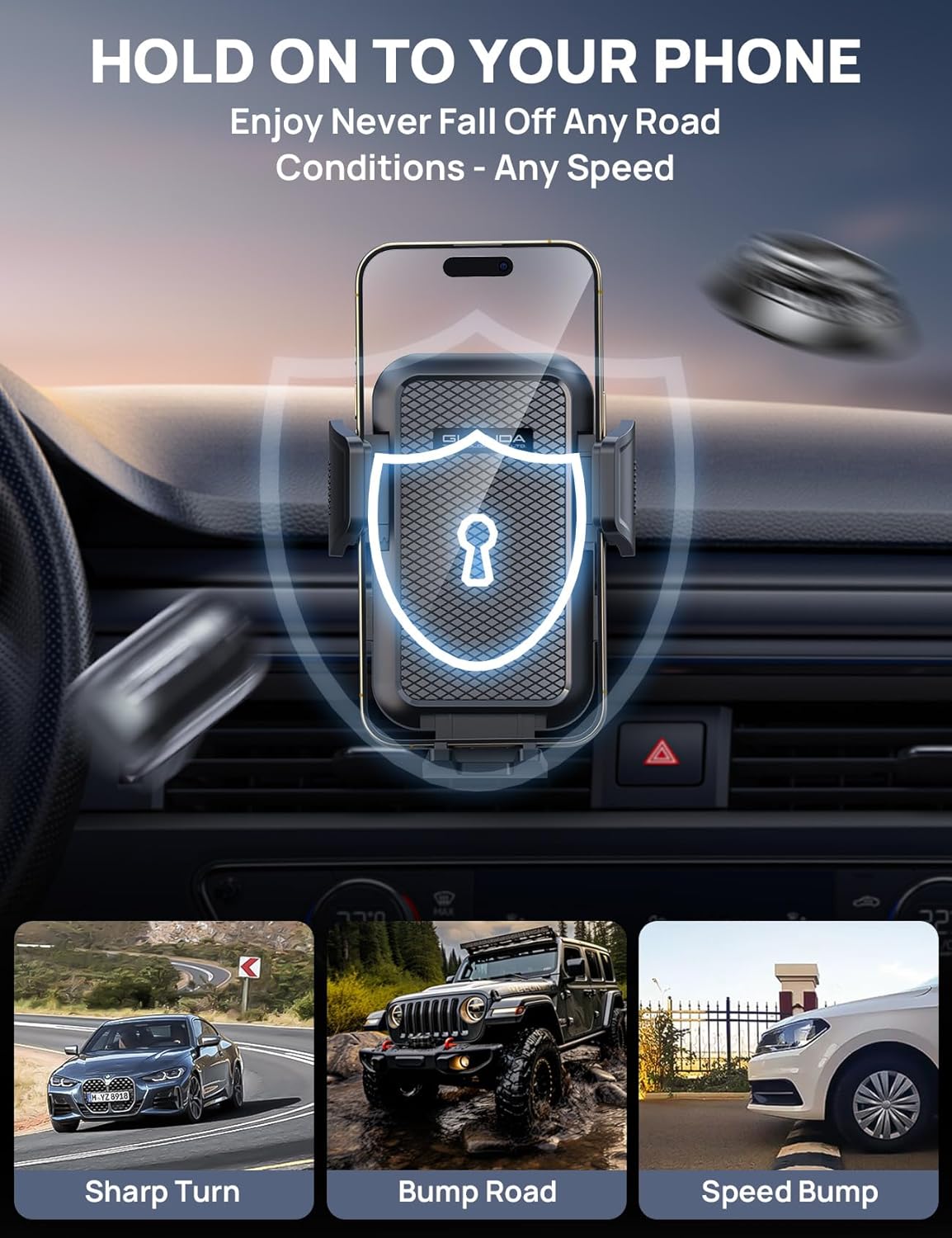 [2025 New] Dashboard Phone Holders for Your Car (+Air Vent Clip) [Military Grade Stable] , Car Cell Phone Holder, Rotatable Suction Cup Car Phone Mount for All Phone (Diamond Black)