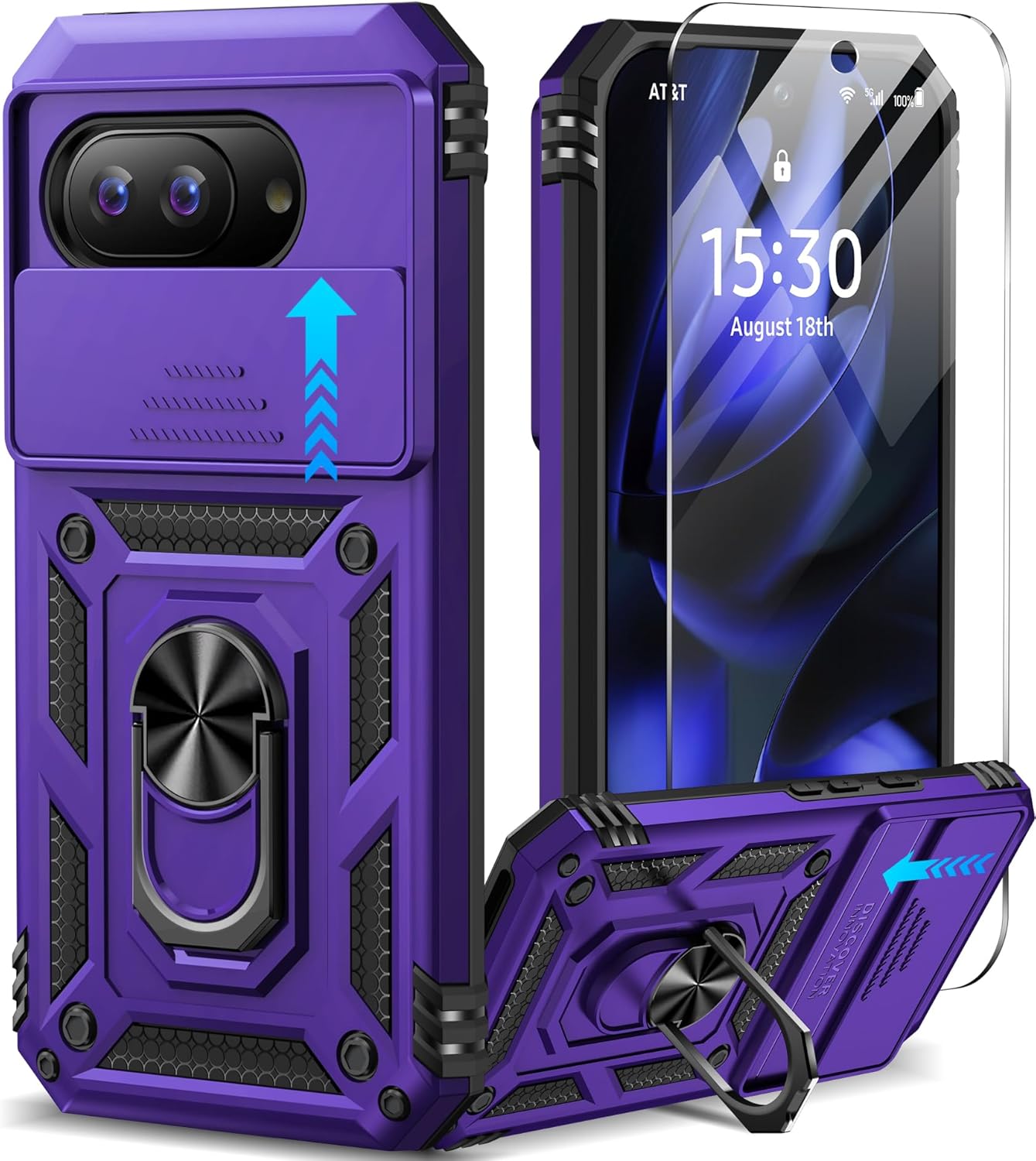 Taisairu for Google Pixel 9A Case with Screen Protector & Slide Camera Lens Cover, Built-in 360°Rotate Magnetic Ring Stand Shockproof Protective Phone Case for Google Pixel 9A Case (Purple)