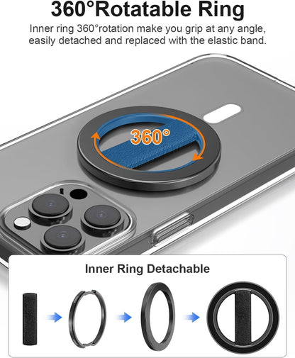 EWA MagOne Solo Phone Grip with Replaceable Elastic Finger Loop, Removable Magnetic Ring Holder Loop, Accessories for iPhone 16, 15, 14, 13 Pro/Max/Plus, No Stand-Black