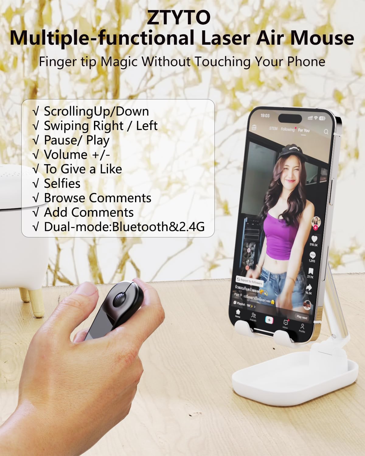 Air Mouse for PC/iOS/Android with Touchpad Rechargeable Wireless Presentation for PPT Pointer Bluetooth 2.4G Remote Control for PowerPoint/Keynote/Tiktok/Camera/Kindle App (Black)