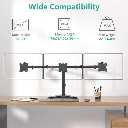 WALI Free Standing Triple Monitor Mount, Heavy Duty Triple Monitors Stand for 13-27 inch Screens, Adjustable 3 Monitor Arm Desk Mount with Swivel, Tilt, Rotation, Grommet Base (MF003N), Black