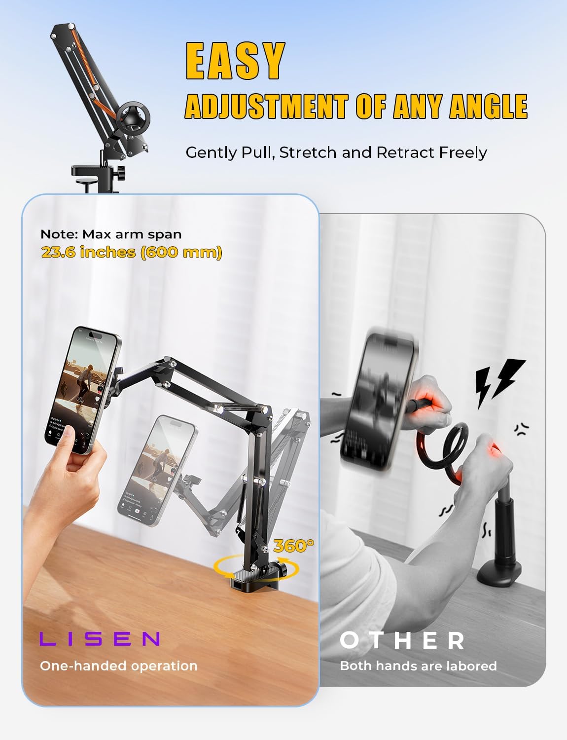 LISEN Gooseneck Phone Holder for Bed Magsafe Phone Stand for iPhone 16 15 Stand Holder for Desk Adjustable for Magsafe Accessories Recording for iPhone Mount for Filming Camera Laying Down