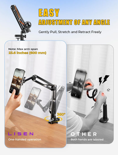 LISEN Gooseneck Phone Holder for Bed Magsafe Phone Stand for iPhone 16 15 Stand Holder for Desk Adjustable for Magsafe Accessories Recording for iPhone Mount for Filming Camera Laying Down