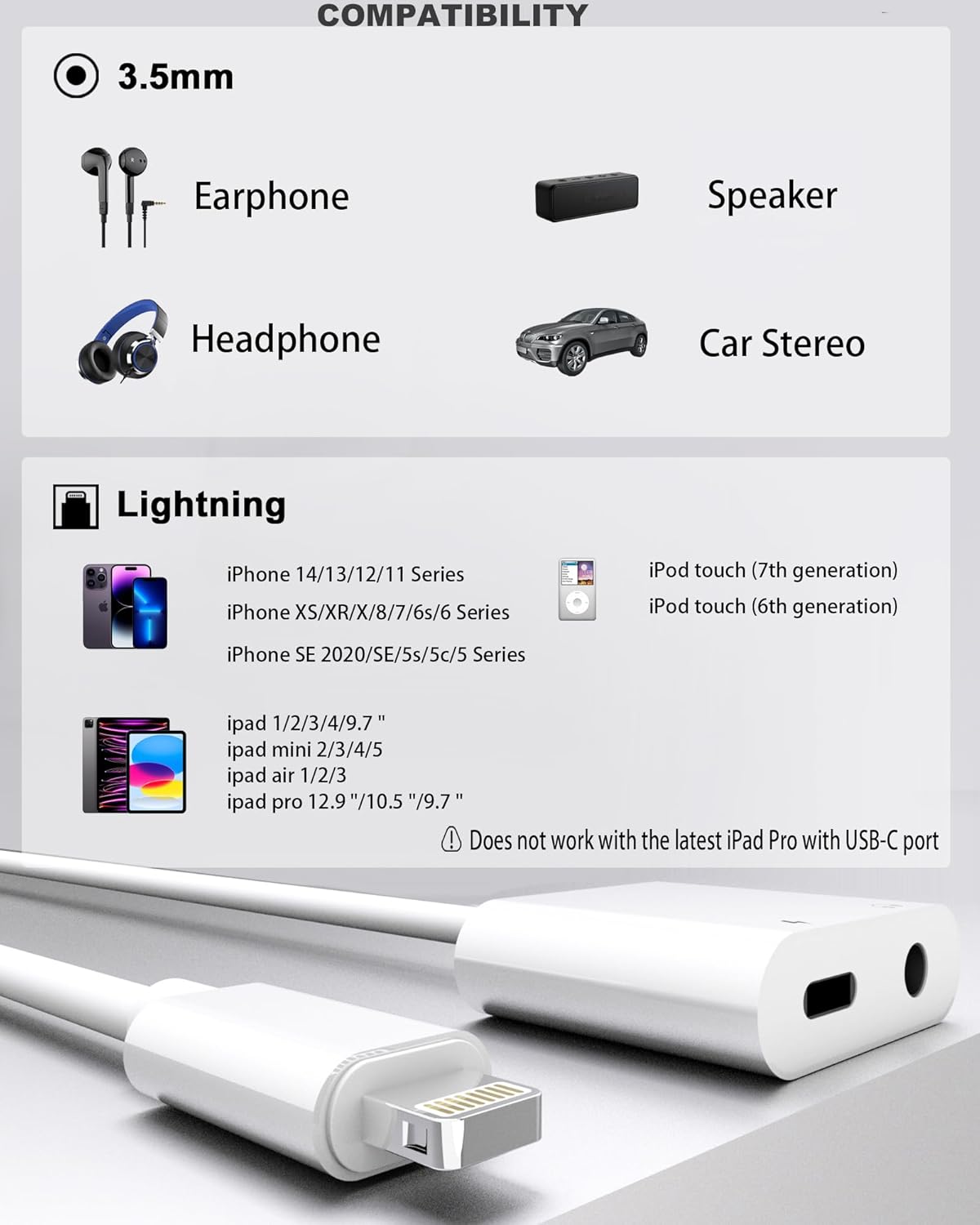 2 Pack Lightning to 3.5mm Headphone Jack Adapter, [Apple MFi Certified] 2 in 1 Headphone Adapter Aux Audio and Charger Adapter Dongle Cable Splitter Compatible with iPhone 14 13 12 11 XS XR 8 7