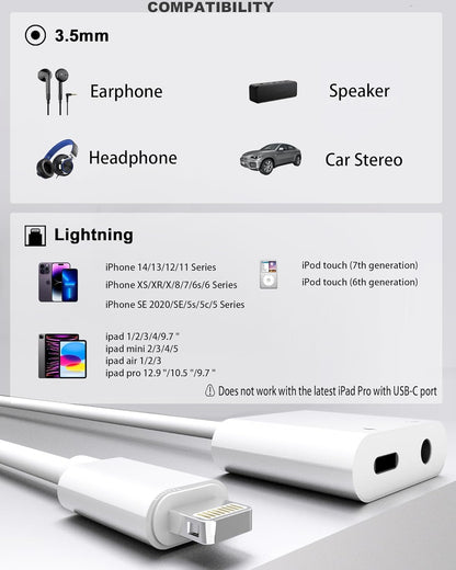 2 Pack Lightning to 3.5mm Headphone Jack Adapter, [Apple MFi Certified] 2 in 1 Headphone Adapter Aux Audio and Charger Adapter Dongle Cable Splitter Compatible with iPhone 14 13 12 11 XS XR 8 7