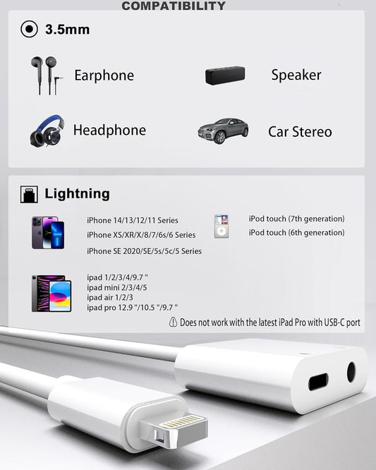 2 Pack Lightning to 3.5mm Headphone Jack Adapter, [Apple MFi Certified] 2 in 1 Headphone Adapter Aux Audio and Charger Adapter Dongle Cable Splitter Compatible with iPhone 14 13 12 11 XS XR 8 7