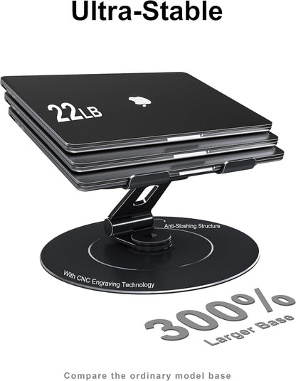 Ultra-Stable Swivel Laptop Stand for Desk with 360 Rotating Larger Base, Military-Grade Aluminum Anti-Loosening Structure - Height Adjustable Laptop Stand Suitable for 10-17.3 inch