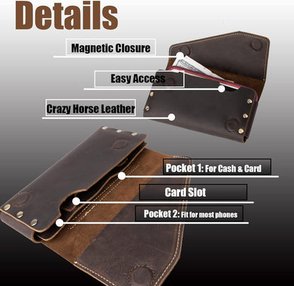 Topstache Leather Phone Holster with Belt Loop, Magnetic Closure Cell Phone Pouch Card Holder Wallet, Handmade Holder for iPhone 13 Pro Max, S22 Ultra, Dark Brown