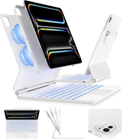 typecase Keyboard Case for 2024 iPad Pro 13-inch (M4), White Keyboard with White Carbon Fiber Protective Case,Portrait & Typing Modes,Built-in Trackpad,11-Color Backlight,Magnetic Stand,Pencil Holder