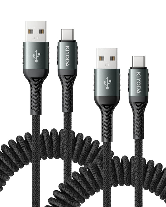 USB C Cable Coiled 6FT 2Pack, Braided USB A to Type C Charger Cable for Car 66W Fast Charging Cord Compatible with iPhone 16 15, iPad, Samsung Galaxy, Google Pixel, Moto, TCL, LG Phones