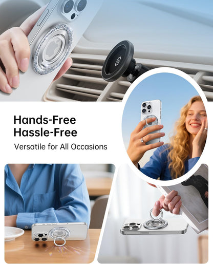 SYNCWIRE Magnetic Phone Ring Holder for MagSafe - Glitter Phone Grip Stand with 360° Rotation & Reinforced Hinge, Compatible with iPhone 16 15 14 13 Pro Max Plus MagSafe Accessories - Glitter Silver