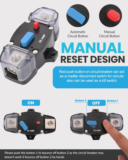 100 Amp Circuit Breaker 12-48 Volt DC 100A Self Recovery Resettable High Amp Circuit Breaker with Manual Reset Button for Automotive RV Marine Boat Car Audio and Amps Protection