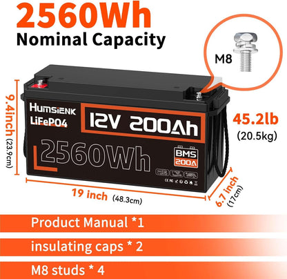 12V 200Ah LiFePO4 Lithium Battery, Built-in 200A BMS, Rechargeable Deep Cycles Batterys, 2560Wh Lithium Battery for Off-Grid and Home Solar System, Marine, Trailer, RV