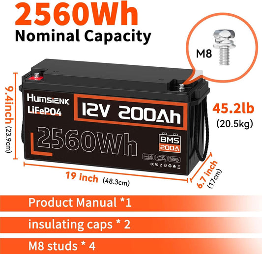 12V 200Ah LiFePO4 Lithium Battery, Built-in 200A BMS, Rechargeable Deep Cycles Batterys, 2560Wh Lithium Battery for Off-Grid and Home Solar System, Marine, Trailer, RV