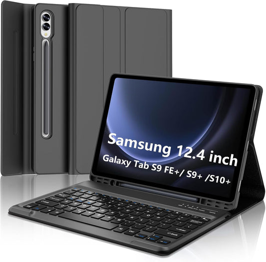 Galaxy Tab S9 FE+/ S9+ /S10+ 12.4 Inch Case with Keyboard, Detachable Bluetooth Keyboard with Pen Holder for Samsung Tab S10+ Plus/S9+ Plus/S9 FE+ Plus/S8+ Plus/S7FE/S7+ Plus 5G 12.4", Black