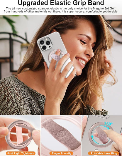 EWA MagOne Lite 3rd Gen Cell Phone Ring Holder, with Replaceable 360° Rotation Elastic Finger Strap, Phone Grip Compatible with iPhone MagSafe,15,14,13 Pro/Max/Plus-(Pink)