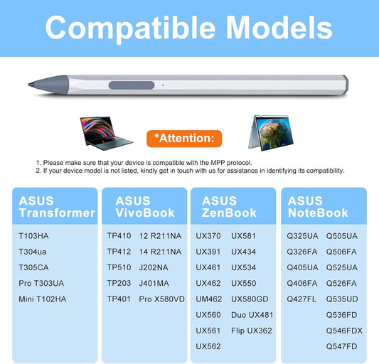 ASUS Stylus Pen for Transformer/Vivobook Flip/Notebook Touchscreen Laptop/Tablet - Rechargeable, 4096 Pressure Sensitivity, MPP 2.0 Tilt Pencil, Silver