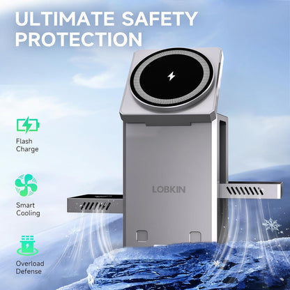 LOBKIN 3 in 1 Charging Station, Qi2 15W Foldable Intelligent Fast Wireless Charging Station,MagSafe Charger Stand for iPhone 16/15/14/13, Airpods, Apple Watch