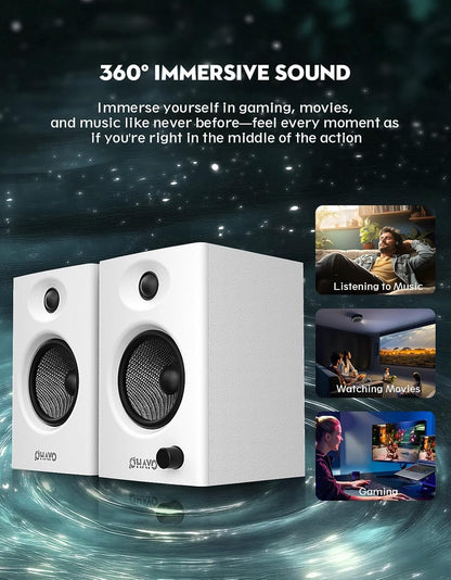 OHAYO 60W Computer Speakers for Gaming and Music, Active Bluetooth 5.3, Stereo 2.0 Speakers for Desktop PC Monitor or Laptop, Surround Sound Speaker, 3.5 mm Aux RCA Input, USB-Powered, 1 Pair, White