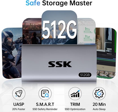 SSK 512GB SSD External Hard Drive, Portable SSD Up to 550MB/s Fast Solid State Drives External, USB 3.2 Gen2 for iPhone 15/16 Pro, Win, Mac, Android with LED Light, Trim, Smart Supported