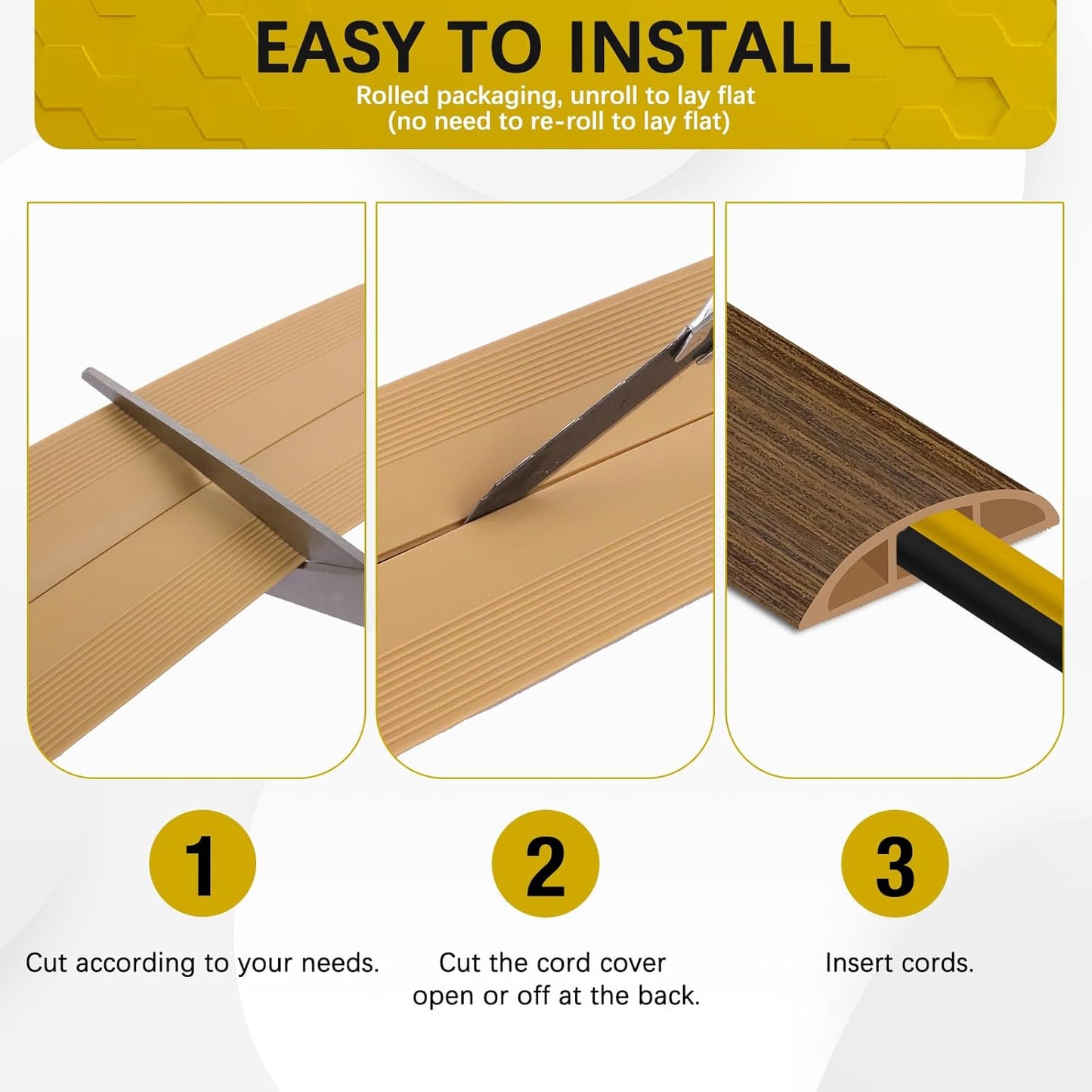 Floor Cord Cover 3.3FT Cord Covers for Wires on Floor Protect Wires & Prevent Trip Hazards, Easy to Cut for Home, Office, School, Concerts, Cavity W0.6in x H0.32in