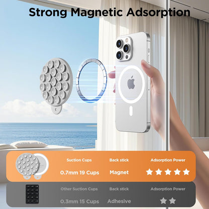 Magnetic Suction Cup Phone Mount for MagSafe Case, Silicone Hands-Free Grip Holder for iPhone and Android, Mirror Shower Phone Stand for Makeup FaceTime Gym Kitchen Bathroom, Light Gray