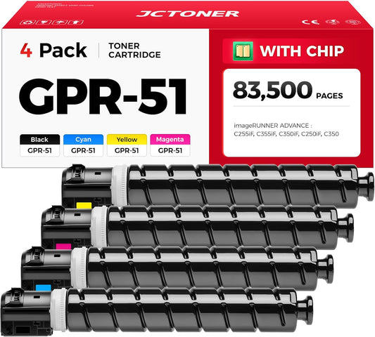 GPR-51 GPR51 High Yield Toner Cartridge 8516B003 8517B003 8518B003 8519B003 Replacement for Canon ImageRunner Advance C250if C255if C350if C350p C355if Printer Ink Set 4-Pack Black Cyan Magenta Yellow