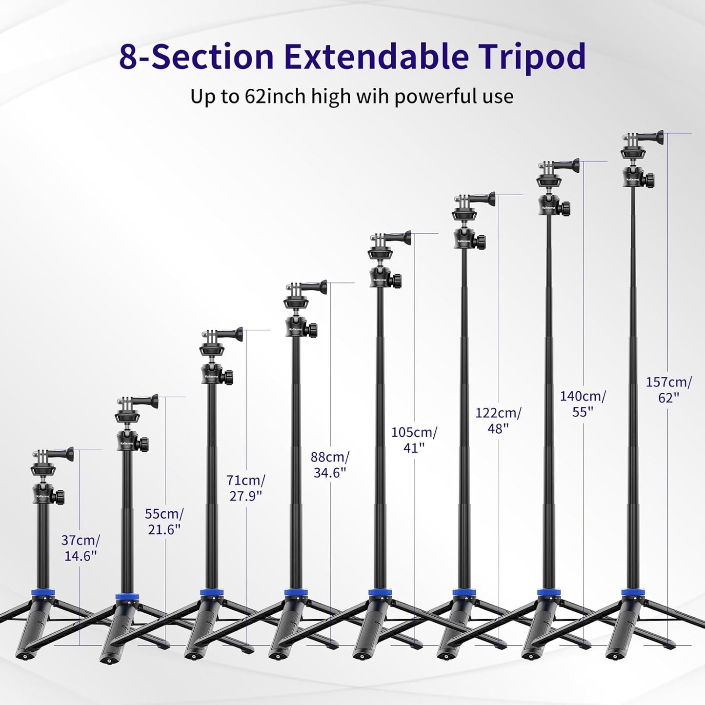 Selfie Stick Tripod for Gopro Camera, 62" Extendable Tripod Stand with 360° Ball Head 1/4" Screw, Portable Lightweight Camera Tripod for GoPro Max Hero 11 10 9 8 7 6 5 DJI OSMO Action Camera