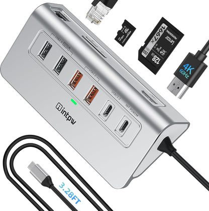 USB C Hub Ethernet, 10Gbps USB Docking Station 10-in-1 with 4K@60Hz HDMI, USB C and 2 USB A 3.2 Data, LAN, 2 USB A 2.0, PD 100W, SD/TF Ports, 3.28FT Powered USB Hub for Laptop, PC, iPhone 16/15, Mac