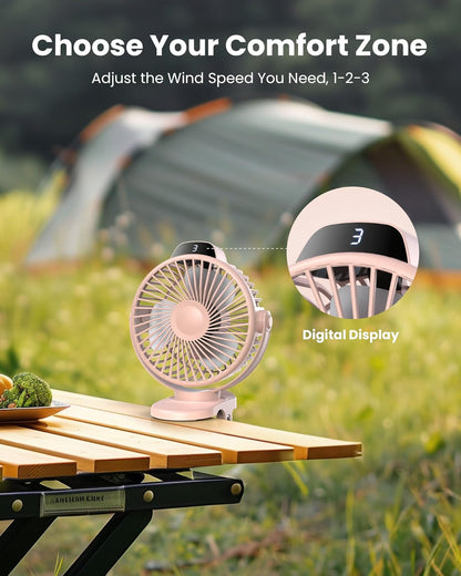 Koonie Portable Clip On Fan, Small USB Battery Operated, 3 Speed Rechargeable Mini Pink With LED Display, 360° Rotate Personal Cooling for Desk Stroller Travel Camping Golf Gym