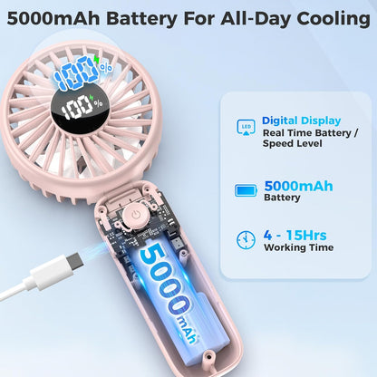 Portable Handheld Fan, 5000mAh Rechargeable Battery, Max 15H Cooling, 4 Speeds, LED Display, Foldable Design, 3-IN-1 Personal Pocket Fan with lanyard for Travel Outdoors Makeup Concert Commute