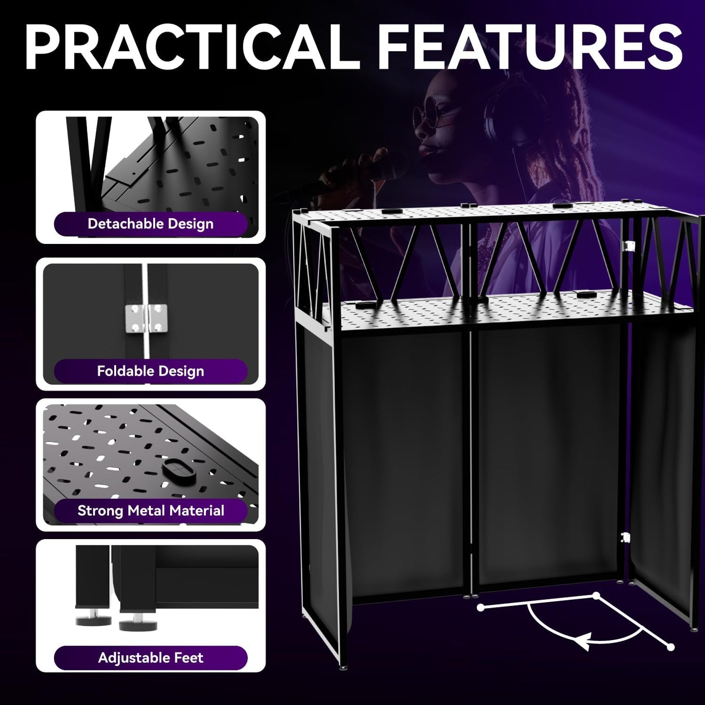 DJ Table Stand Portable booth Double Deck, Foldable DJ Stand Booth, Heavy-Duty Adjustable Height DJ Facade Booth, Easy to Assemble, Stylish, Convenient to Store and Transpor