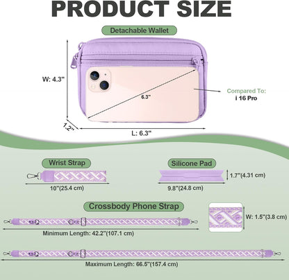 Clip and Go Strap for Phone with Wallet Crossbody, Adjustable Phone Lanyard with Detachable RFID Wristlet Wallet, Pattern Strap, Purple (M)