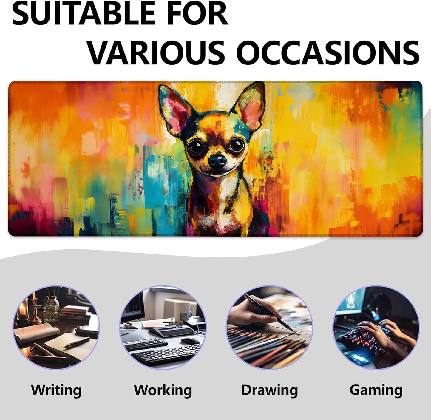 Colorful Chihuahua Large Mouse Pad, Gaming Mouse Pad, Keyboard Mat, Non-Slip Rubber Base, Office Accessories, Desk Mat, MousePads for School, Work, Home Decor Gifts 31.5" x 11.8"