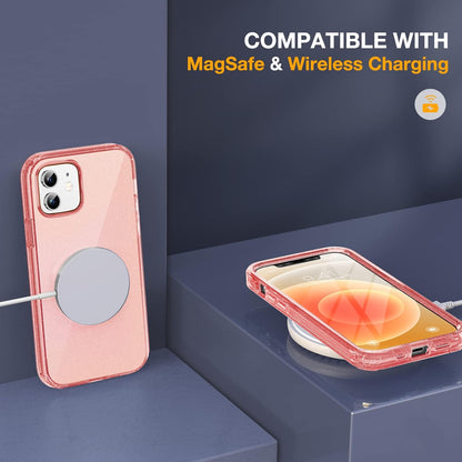 Miracase Glass Series for iPhone 12/12 Pro Case 6.1 inch, Upgraded Full-Body Rugged Phone Bumper Case Cover with Built-in 9H Tempered Glass Screen Protector and Camera Protector, Glitter Rose