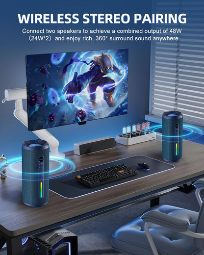 OHAYO Portable Bluetooth Speaker, IPX7 Waterproof Wireless Speaker with 24W Stereo Sound, Active Extra Bass, Bluetooth 5.3, RGB Lights, Dual Pairing, Up to 30H Playtime for Home, Outdoor, Party