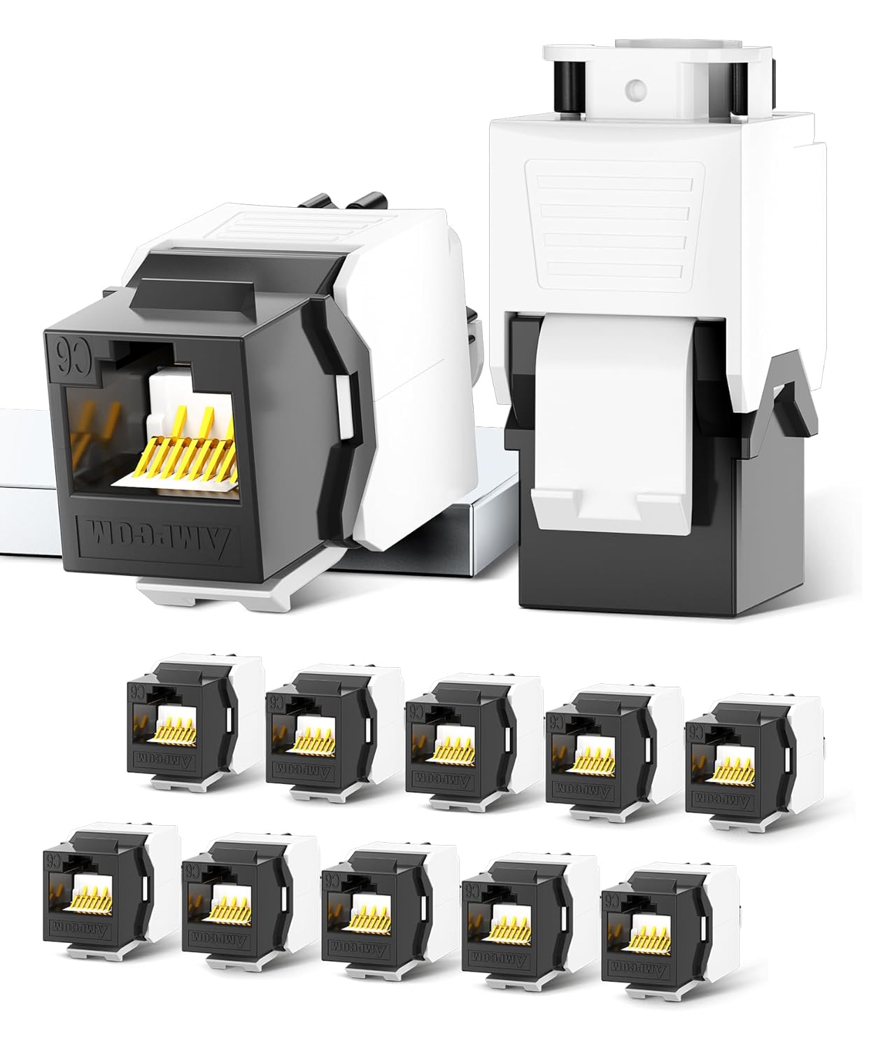 AMPCOM CAT6 RJ45 Keystone Jack - Reusable UTP Ethernet Wall Jack with Adjustable Ratchet Lock Design, No Tool and Zip Tie Required - 50u Gold Plated - Black (12-Pack)