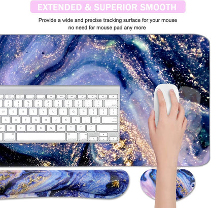 4-in-1 Large Gaming Mouse Pad and Keyboard Wrist Rest, Desk Pad for Keyboard and Mouse, Non-Slip Desk Mat for Home Office Study Game-Purple Marble