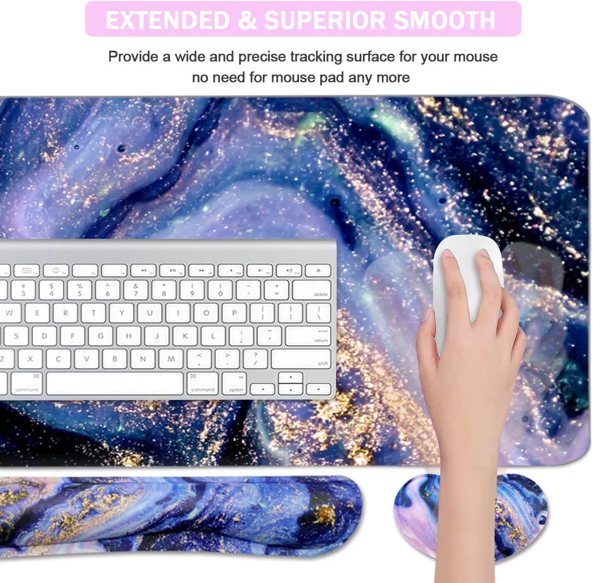 4-in-1 Large Gaming Mouse Pad, Keyboard Wrist Rest Pad & Wrist Support Mousepad Set, Extended Desk Pad Waterproof Desk Mat for Home Office Study Game - Purple Marble