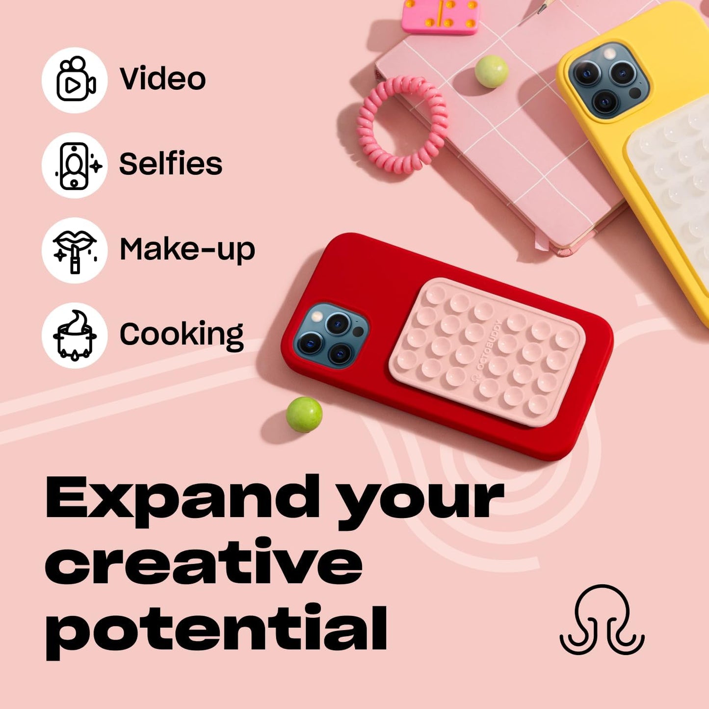 Classic - Silicone Suction Phone Case Adhesive Mount - Hands-Free, Strong Grip Holder for Selfies and Videos - iPhone and Android Compatible - 2.25″ x 3.25″, Chalk Pink