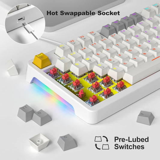 AK96 Smart Mechanical Keyboard Gaming, 96 Keys Full Size with LED Colorful Backlit, Clicky Creamy Sounding, USB Wired Computer Keyboard with Volume Knob for PC, Mac, Windows (White)