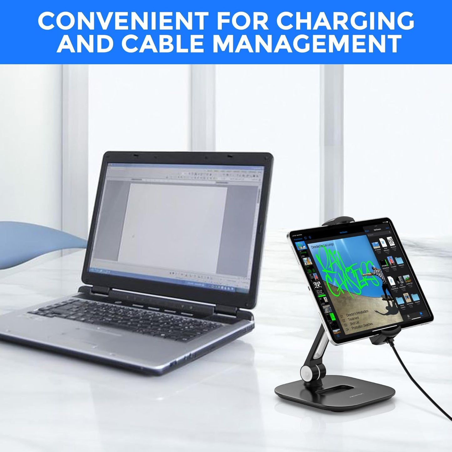 AboveTEK Tablet Stand Holder, Stylish Aluminum iPad Stands, Foldable 360° Swivel Table Stand Holder fits 4-11" Tablets/Smartphones for Kitchen Bedside Office POS Showroom Reception (Black)